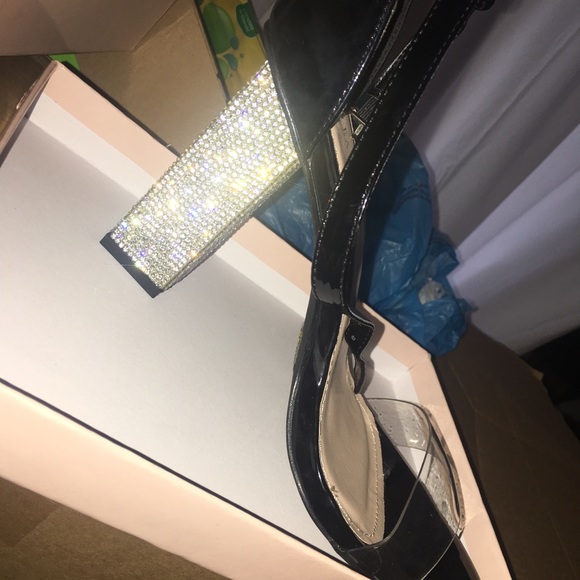 Azalea Wang Patent Black Rhinestone Heel Sandals - Picture 2 of 5